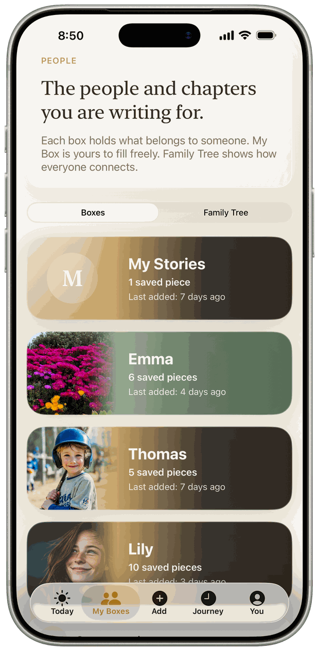 Keepsake boxes in the Dear Grandchild app