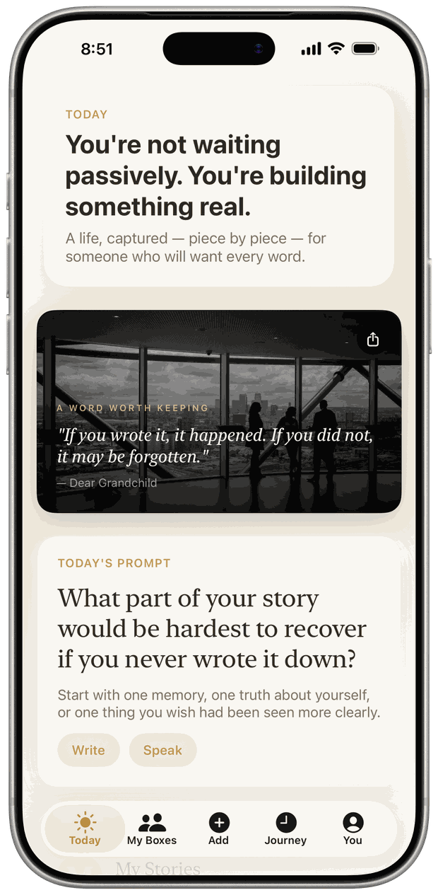 The Today screen in the Dear Grandchild app